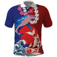 Hawaiian and Japanese Together Polo Shirt The Whale and Koi Fish with Hinomaru and Lei LT03 Blue - Polynesian Pride