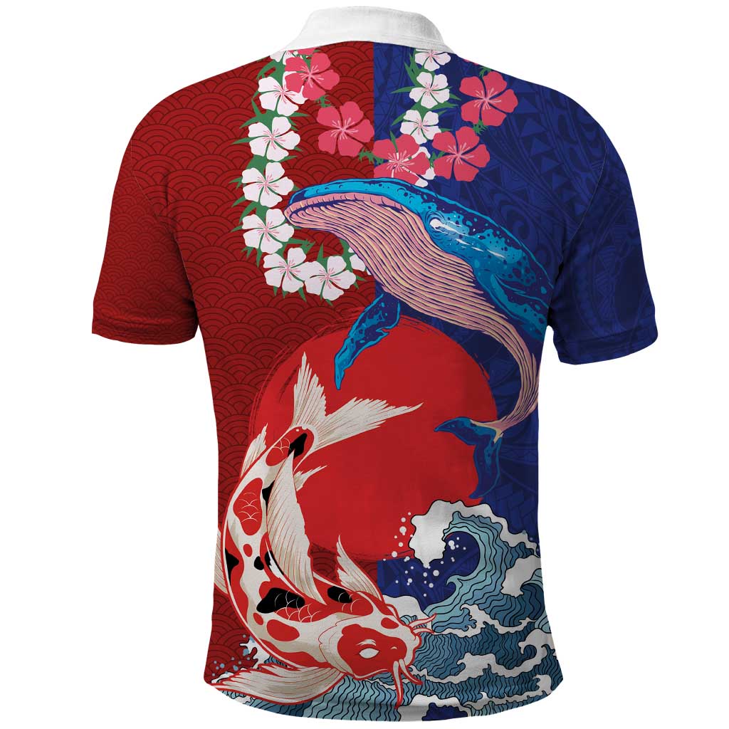 Hawaiian and Japanese Together Polo Shirt The Whale and Koi Fish with Hinomaru and Lei LT03 - Polynesian Pride