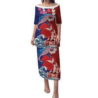 Hawaiian and Japanese Together Puletasi The Whale and Koi Fish with Hinomaru and Lei LT03 Long Dress Blue - Polynesian Pride
