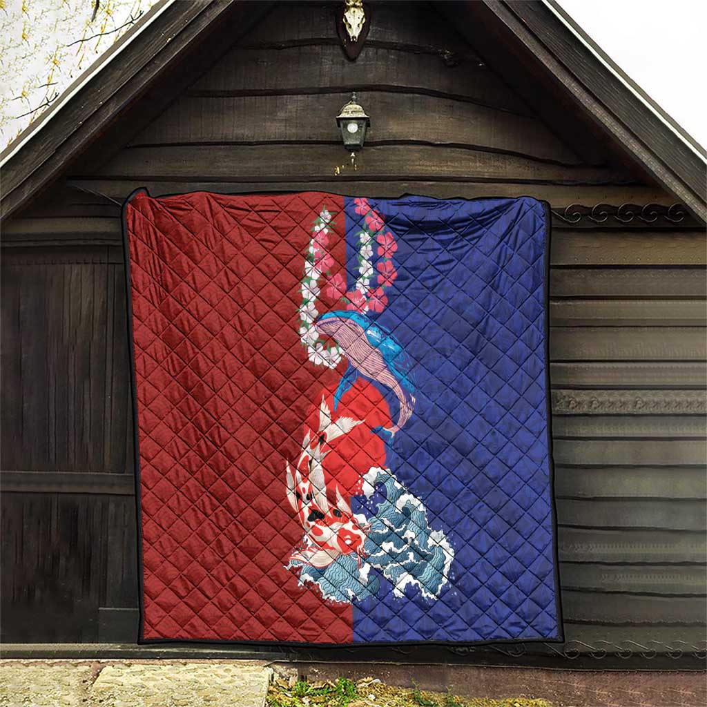 Hawaiian and Japanese Together Quilt The Whale and Koi Fish with Hinomaru and Lei LT03 - Polynesian Pride