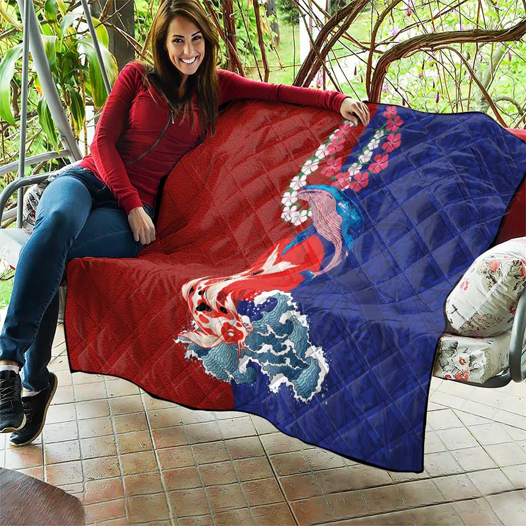 Hawaiian and Japanese Together Quilt The Whale and Koi Fish with Hinomaru and Lei LT03 - Polynesian Pride