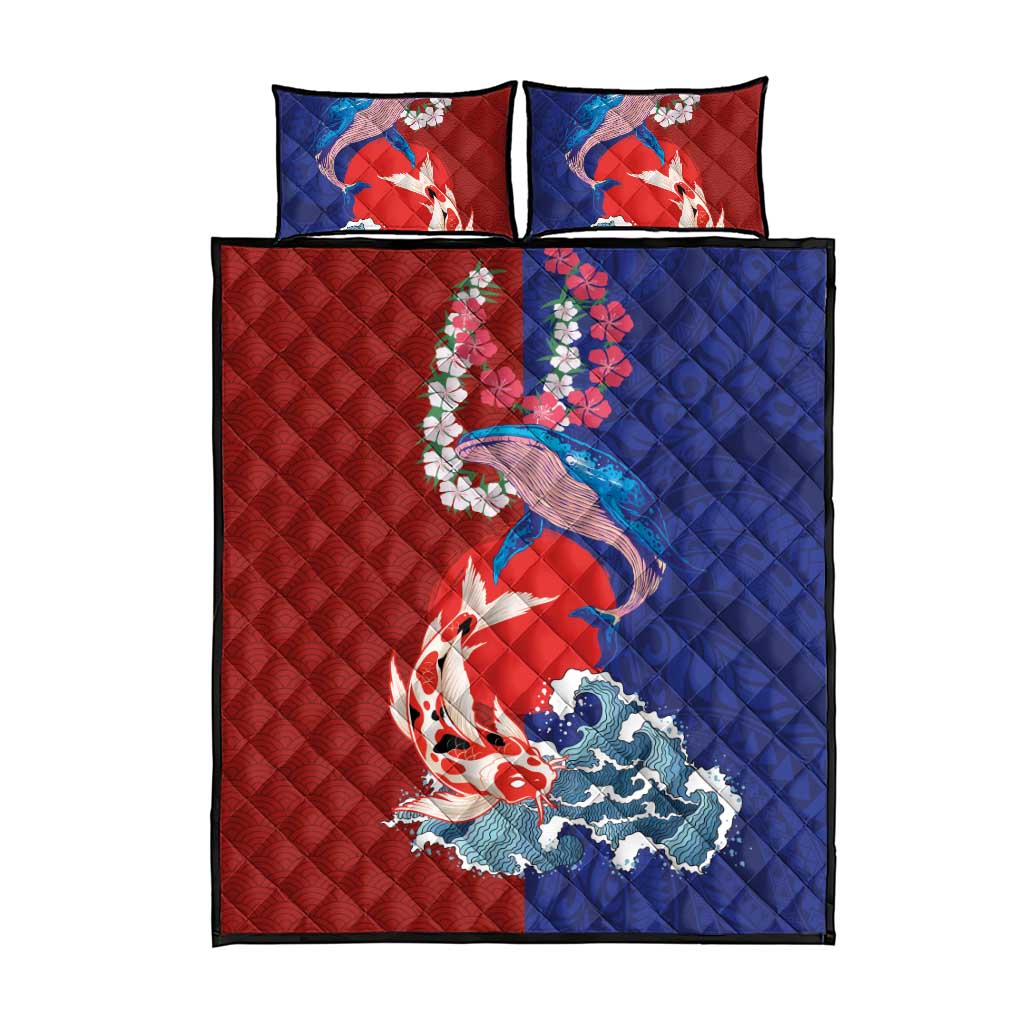 Hawaiian and Japanese Together Quilt Bed Set The Whale and Koi Fish with Hinomaru and Lei LT03 - Polynesian Pride