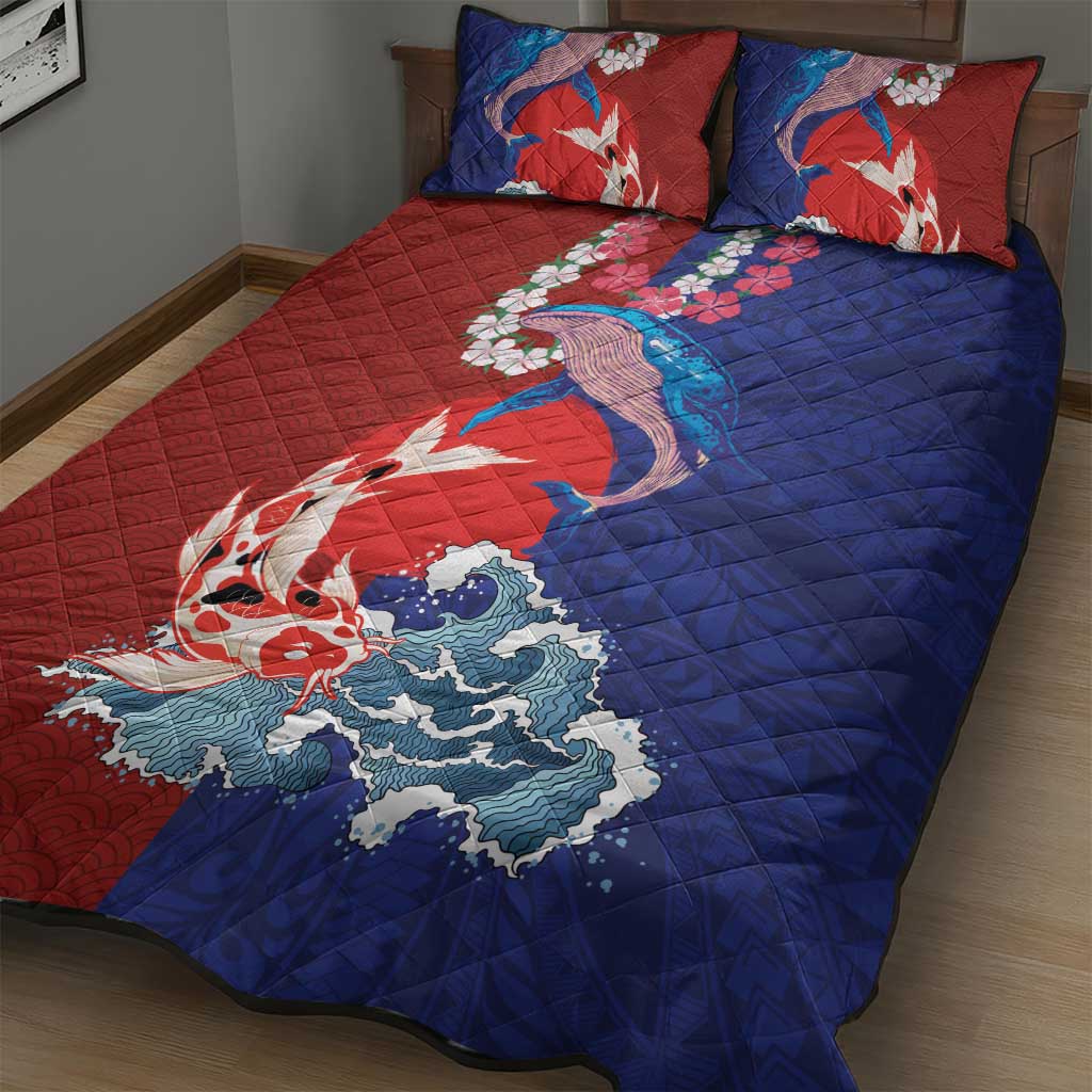 Hawaiian and Japanese Together Quilt Bed Set The Whale and Koi Fish with Hinomaru and Lei LT03 - Polynesian Pride