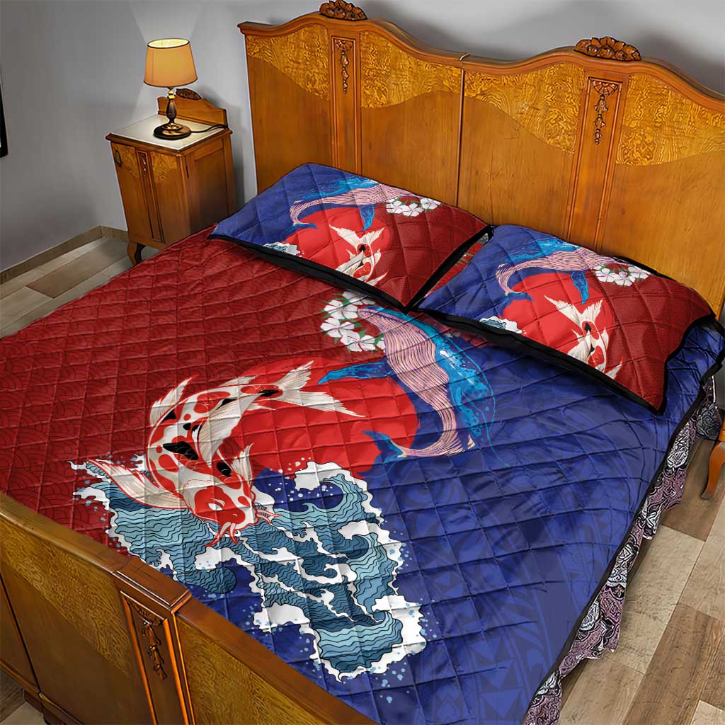 Hawaiian and Japanese Together Quilt Bed Set The Whale and Koi Fish with Hinomaru and Lei LT03 - Polynesian Pride