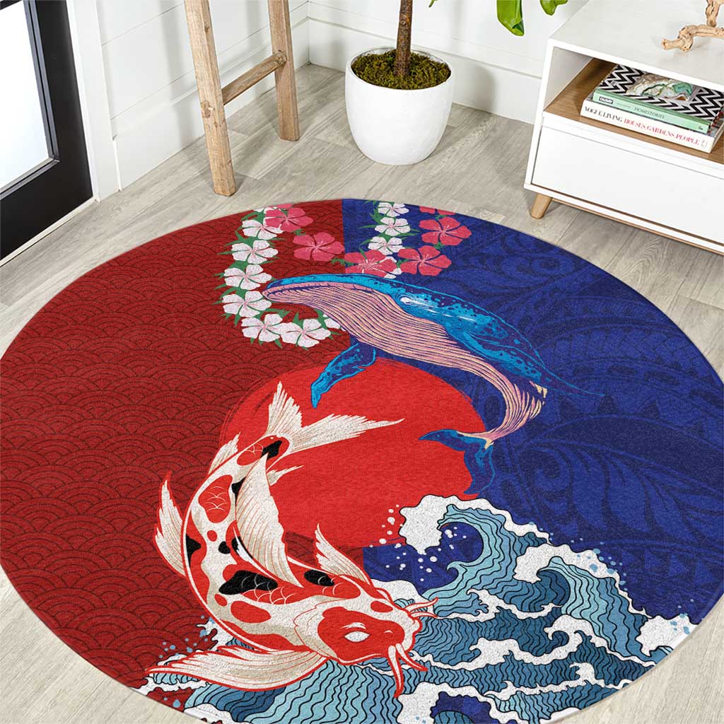 Hawaiian and Japanese Together Round Carpet The Whale and Koi Fish with Hinomaru and Lei LT03 Blue - Polynesian Pride
