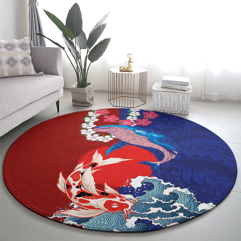 Hawaiian and Japanese Together Round Carpet The Whale and Koi Fish with Hinomaru and Lei LT03 - Polynesian Pride