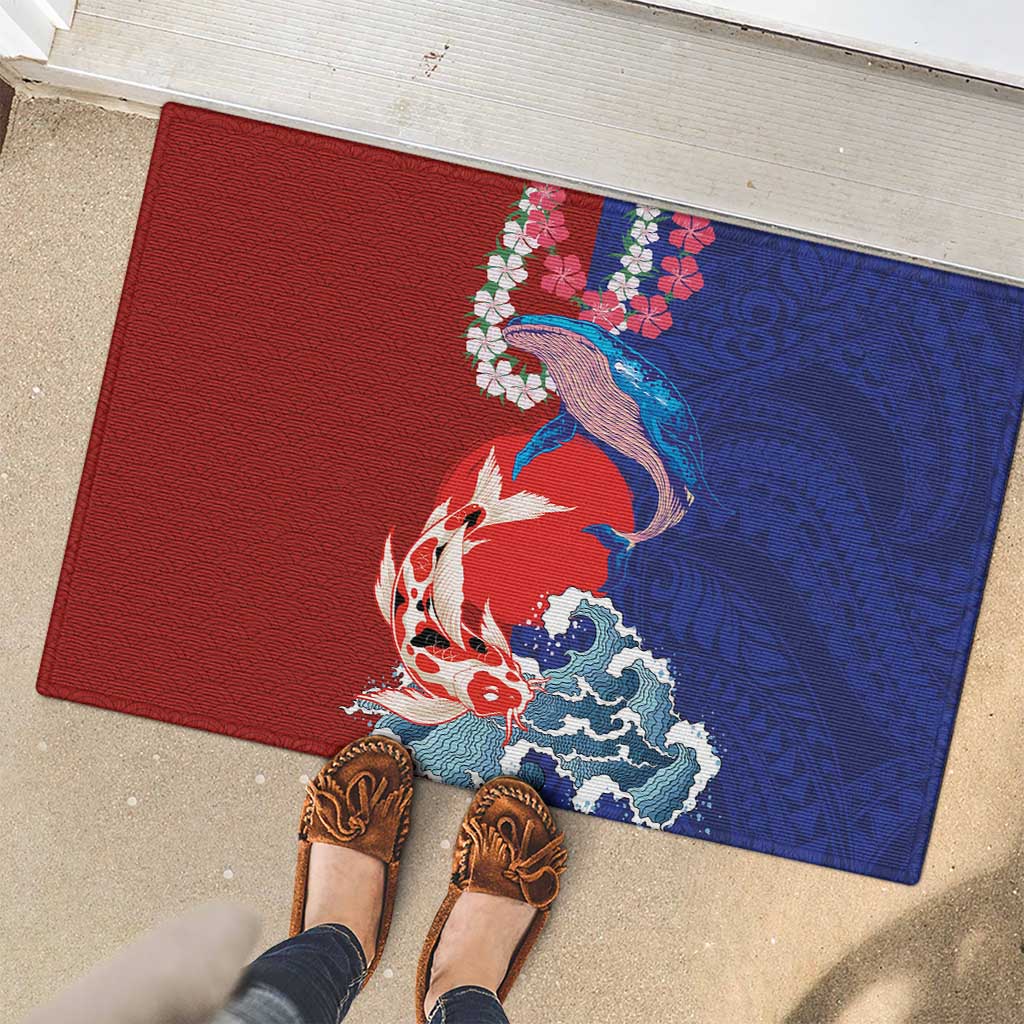 Hawaiian and Japanese Together Rubber Doormat The Whale and Koi Fish with Hinomaru and Lei LT03 - Polynesian Pride