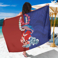 Hawaiian and Japanese Together Sarong The Whale and Koi Fish with Hinomaru and Lei LT03 One Size 44 x 66 inches Blue - Polynesian Pride