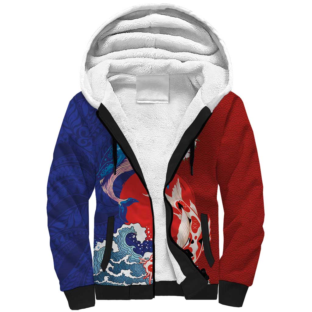 Hawaiian and Japanese Together Sherpa Hoodie The Whale and Koi Fish with Hinomaru and Lei LT03 Unisex Blue - Polynesian Pride