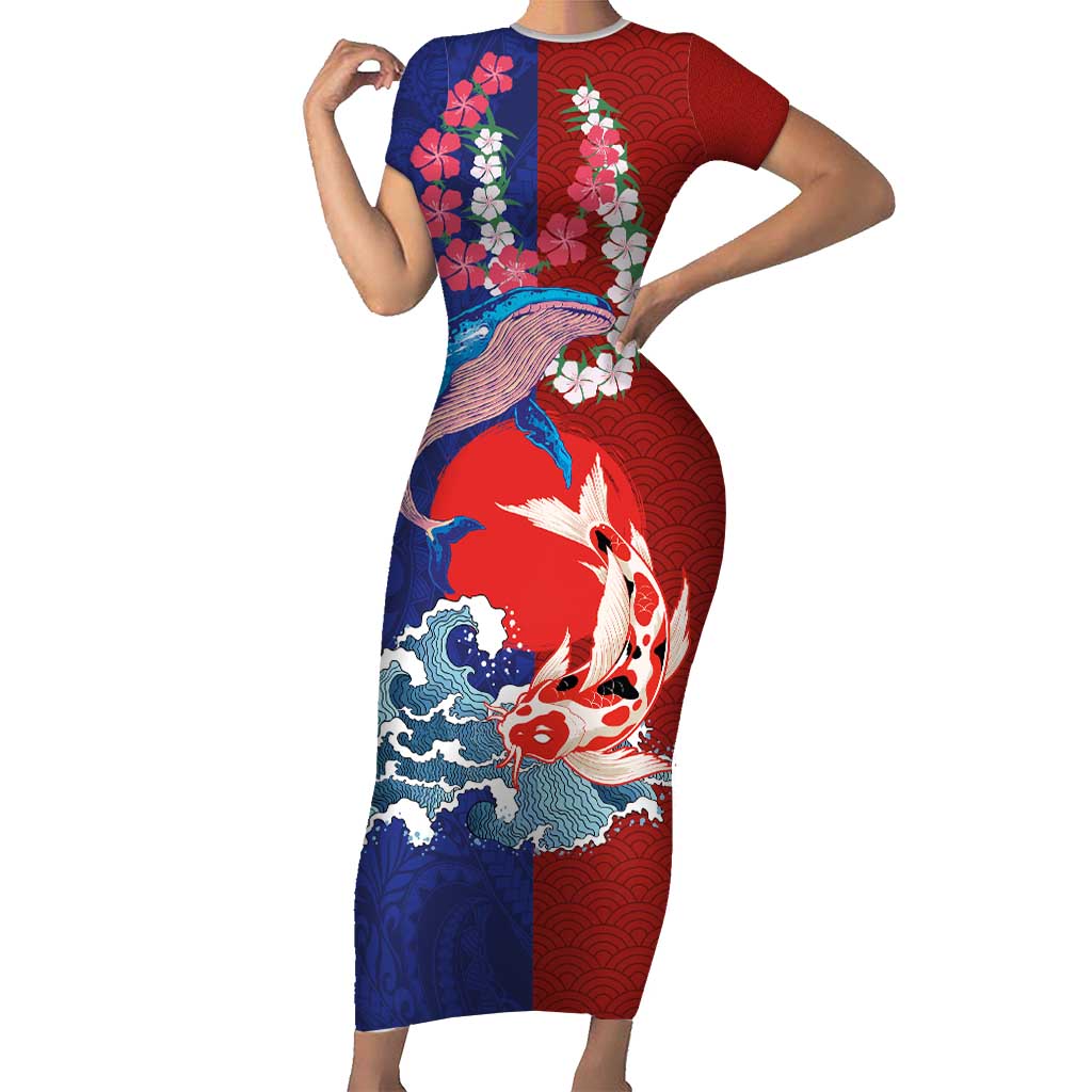 Hawaiian and Japanese Together Short Sleeve Bodycon Dress The Whale and Koi Fish with Hinomaru and Lei LT03 Long Dress Blue - Polynesian Pride