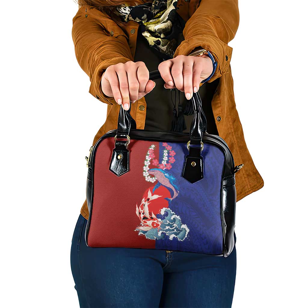 Hawaiian and Japanese Together Shoulder Handbag The Whale and Koi Fish with Hinomaru and Lei LT03 One Size Blue - Polynesian Pride