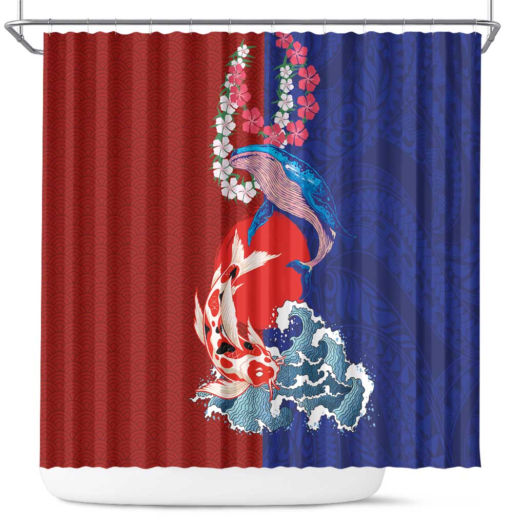 Hawaiian and Japanese Together Shower Curtain The Whale and Koi Fish with Hinomaru and Lei LT03 Blue - Polynesian Pride