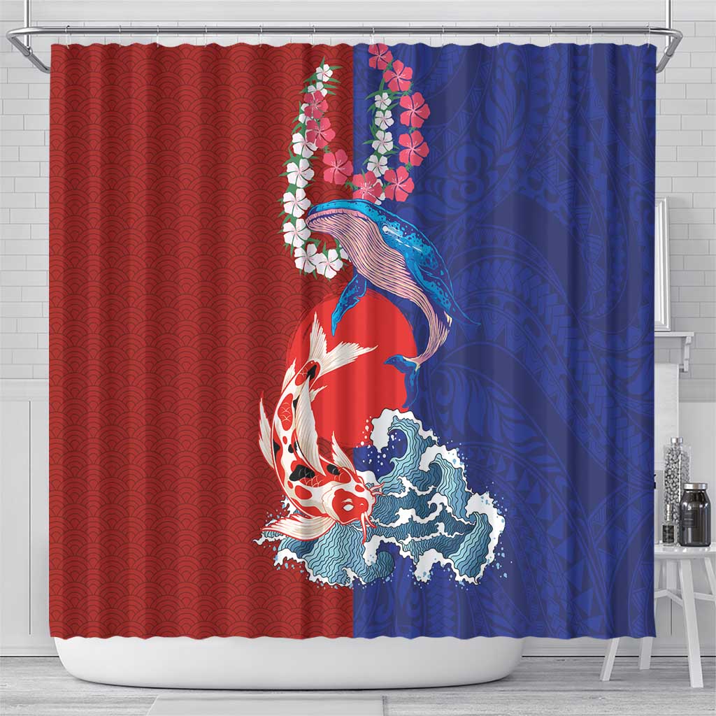 Hawaiian and Japanese Together Shower Curtain The Whale and Koi Fish with Hinomaru and Lei LT03 - Polynesian Pride
