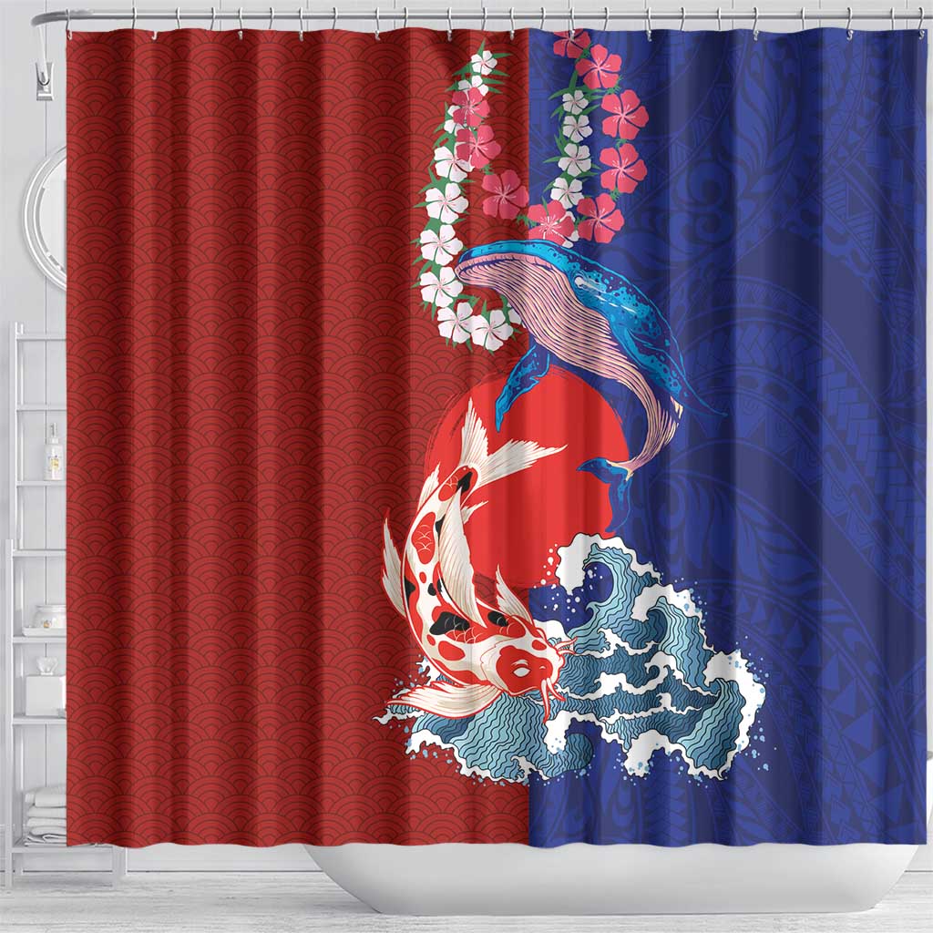 Hawaiian and Japanese Together Shower Curtain The Whale and Koi Fish with Hinomaru and Lei LT03 - Polynesian Pride