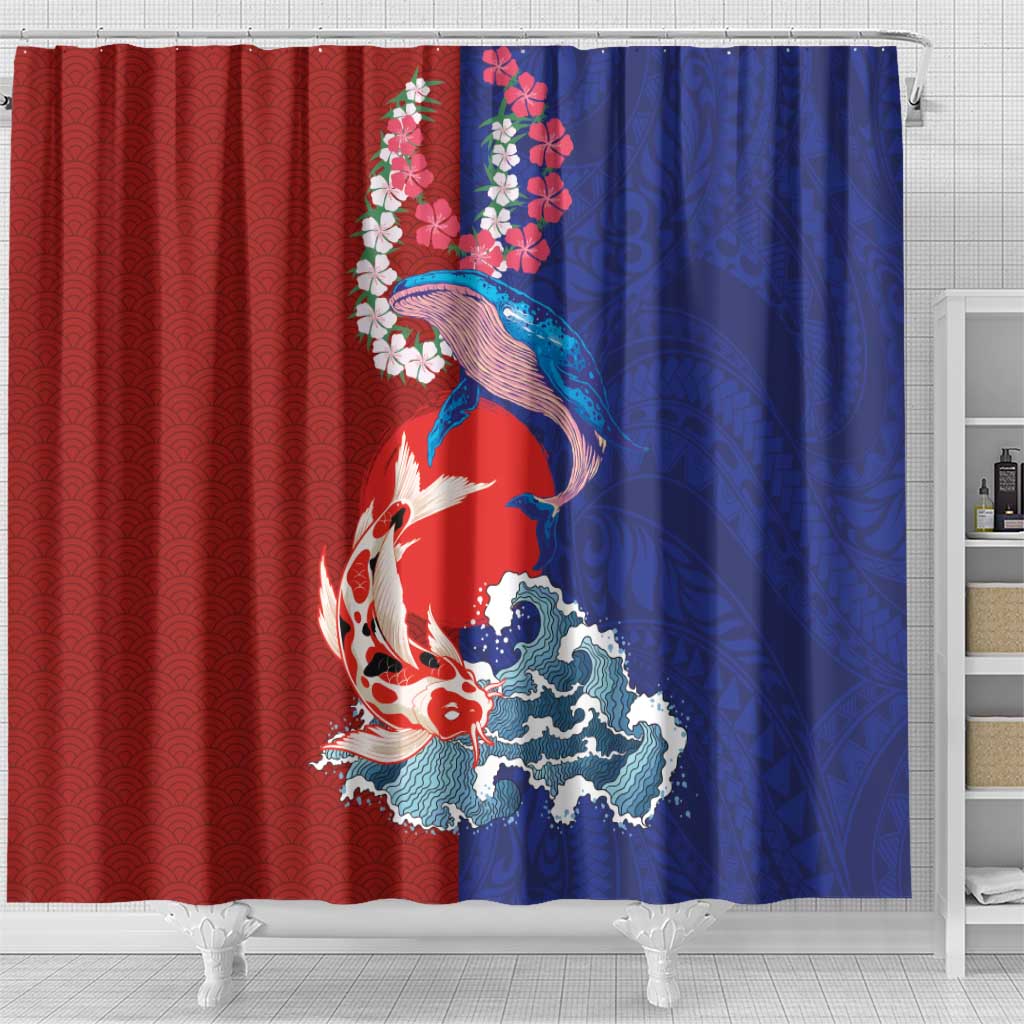 Hawaiian and Japanese Together Shower Curtain The Whale and Koi Fish with Hinomaru and Lei LT03 - Polynesian Pride