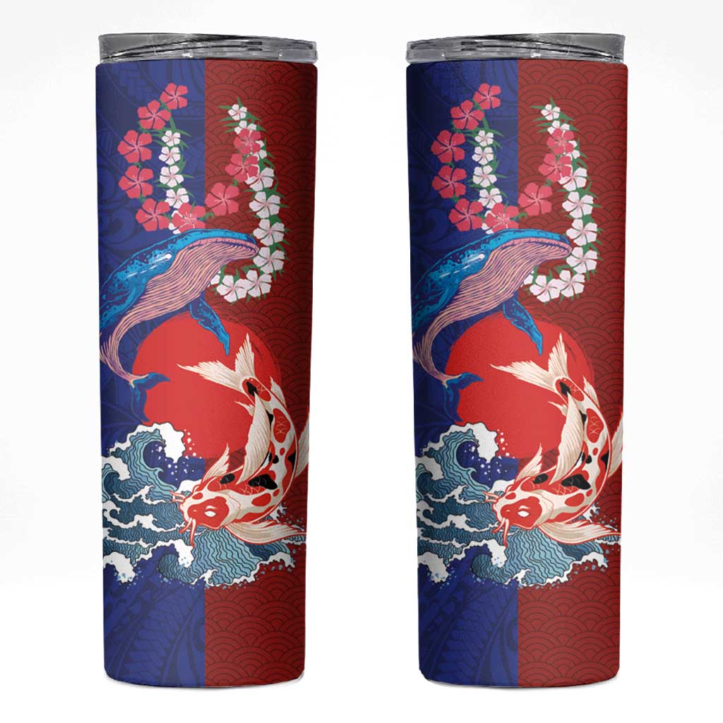 Hawaiian and Japanese Together Skinny Tumbler The Whale and Koi Fish with Hinomaru and Lei LT03 Blue - Polynesian Pride