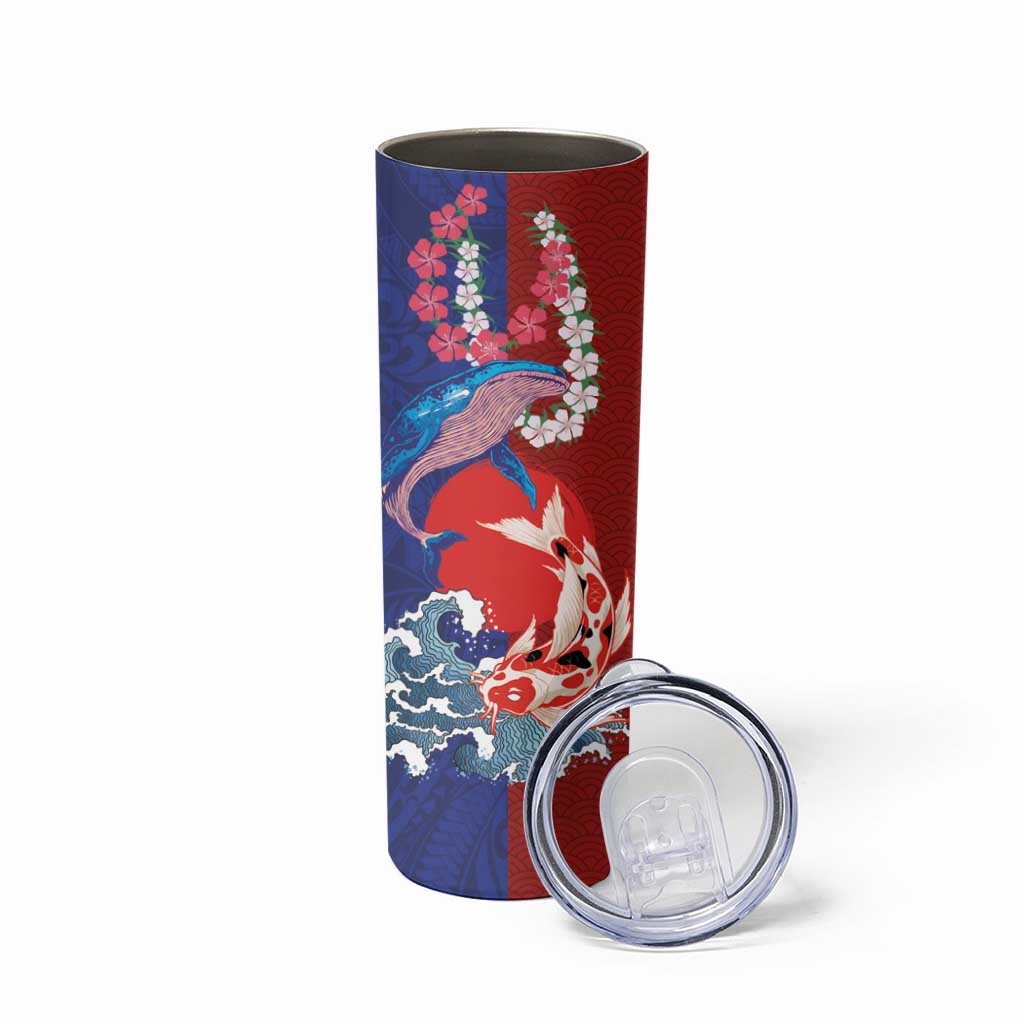 Hawaiian and Japanese Together Skinny Tumbler The Whale and Koi Fish with Hinomaru and Lei LT03 - Polynesian Pride