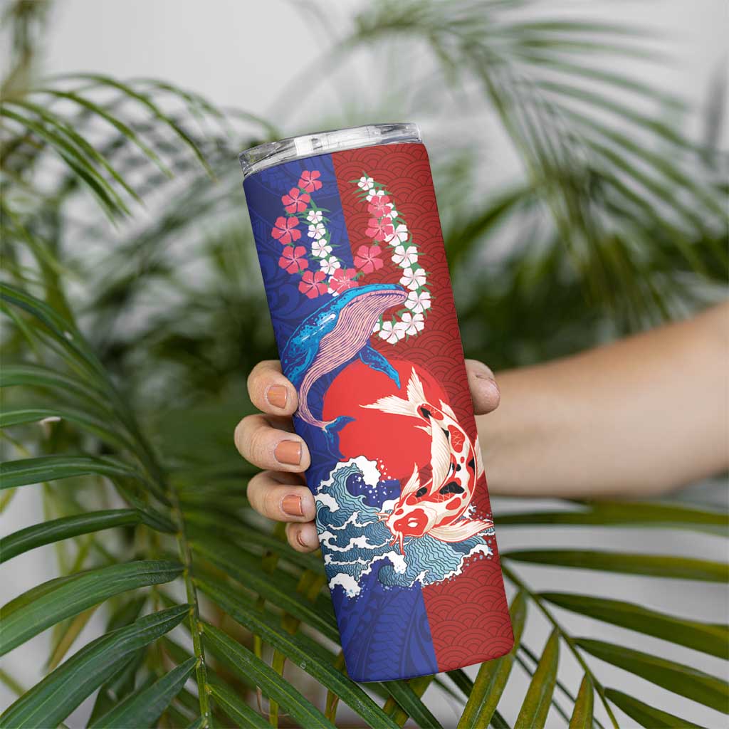 Hawaiian and Japanese Together Skinny Tumbler The Whale and Koi Fish with Hinomaru and Lei LT03 - Polynesian Pride