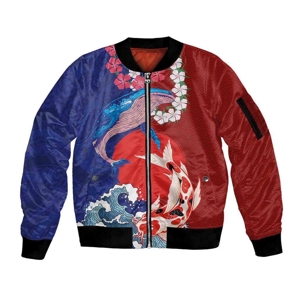 Hawaiian and Japanese Together Sleeve Zip Bomber Jacket The Whale and Koi Fish with Hinomaru and Lei LT03 Unisex Blue - Polynesian Pride