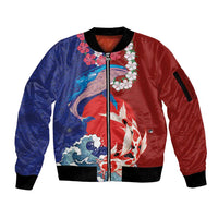 Hawaiian and Japanese Together Sleeve Zip Bomber Jacket The Whale and Koi Fish with Hinomaru and Lei LT03 Unisex Blue - Polynesian Pride
