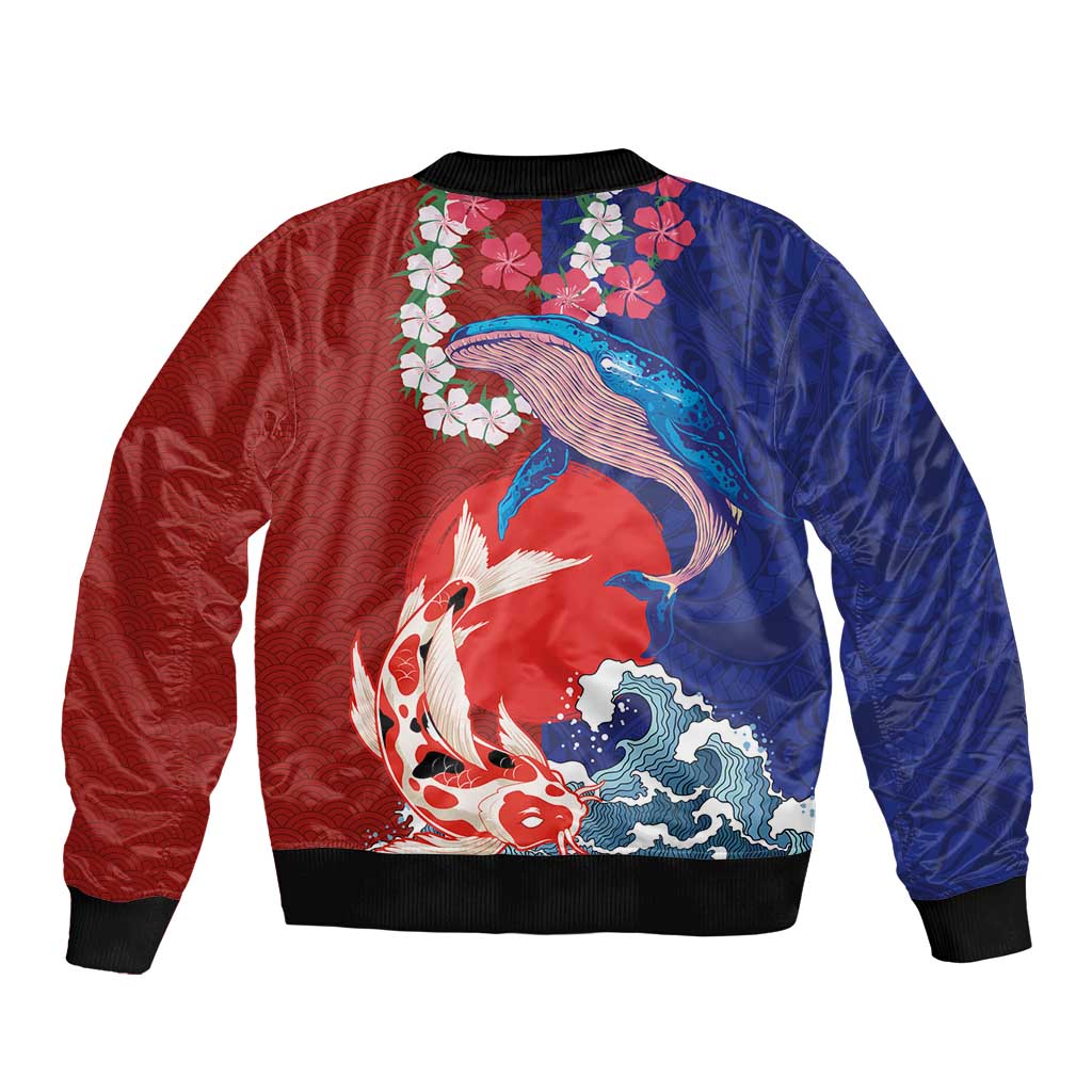 Hawaiian and Japanese Together Sleeve Zip Bomber Jacket The Whale and Koi Fish with Hinomaru and Lei LT03 - Polynesian Pride