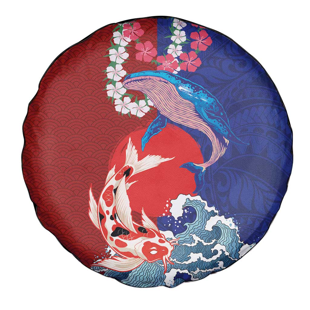 Hawaiian and Japanese Together Spare Tire Cover The Whale and Koi Fish with Hinomaru and Lei LT03 - Polynesian Pride