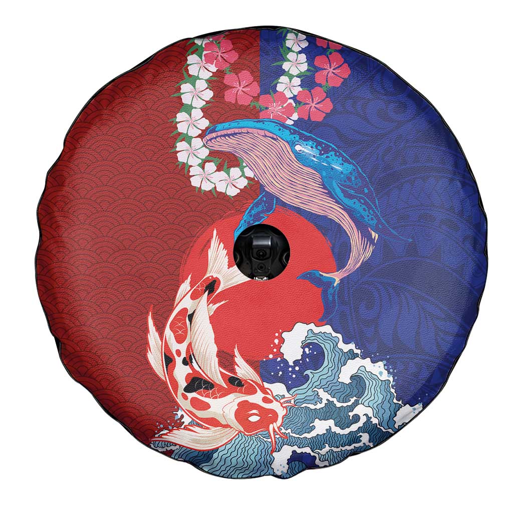 Hawaiian and Japanese Together Spare Tire Cover The Whale and Koi Fish with Hinomaru and Lei LT03 - Polynesian Pride