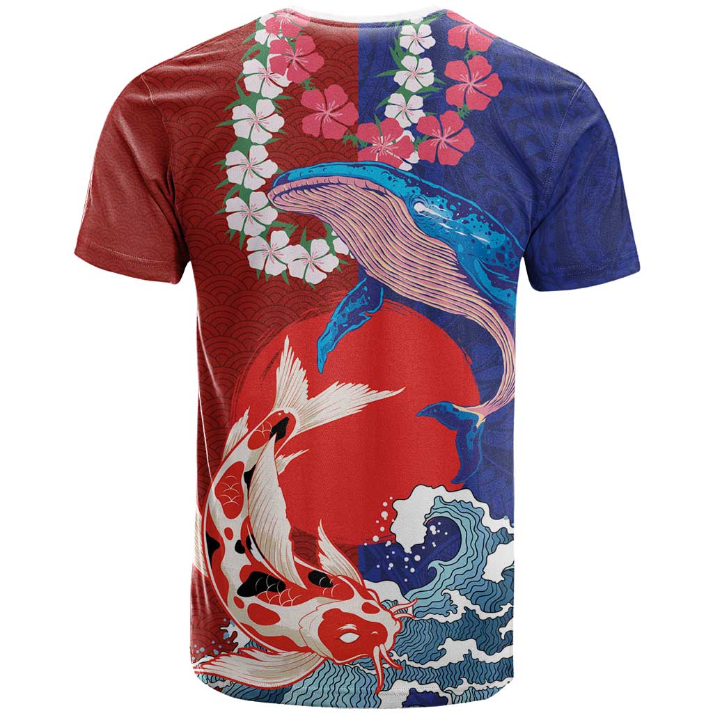 Hawaiian and Japanese Together T Shirt The Whale and Koi Fish with Hinomaru and Lei LT03 - Polynesian Pride