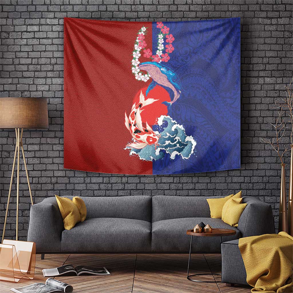 Hawaiian and Japanese Together Tapestry The Whale and Koi Fish with Hinomaru and Lei LT03 Blue - Polynesian Pride