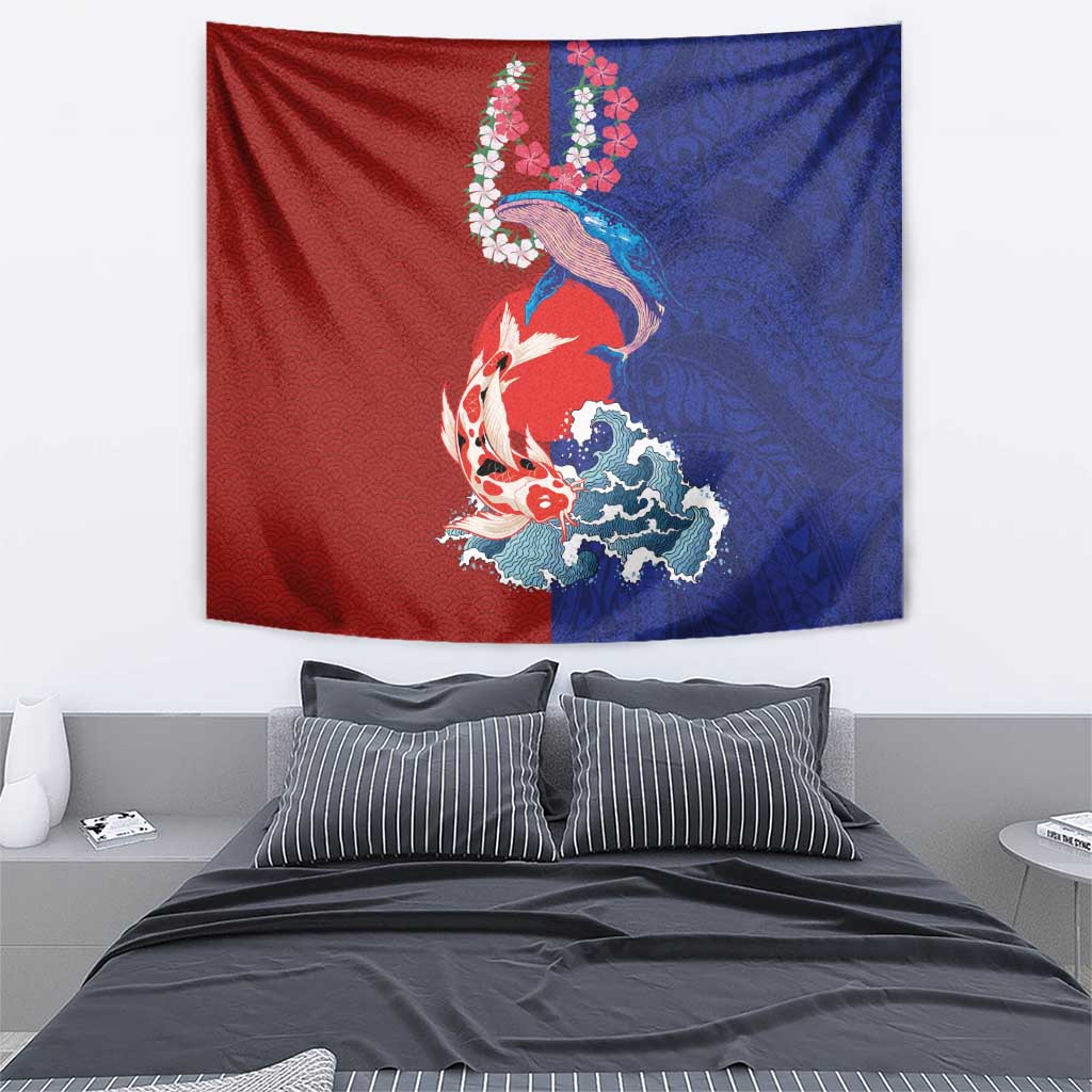 Hawaiian and Japanese Together Tapestry The Whale and Koi Fish with Hinomaru and Lei LT03 - Polynesian Pride
