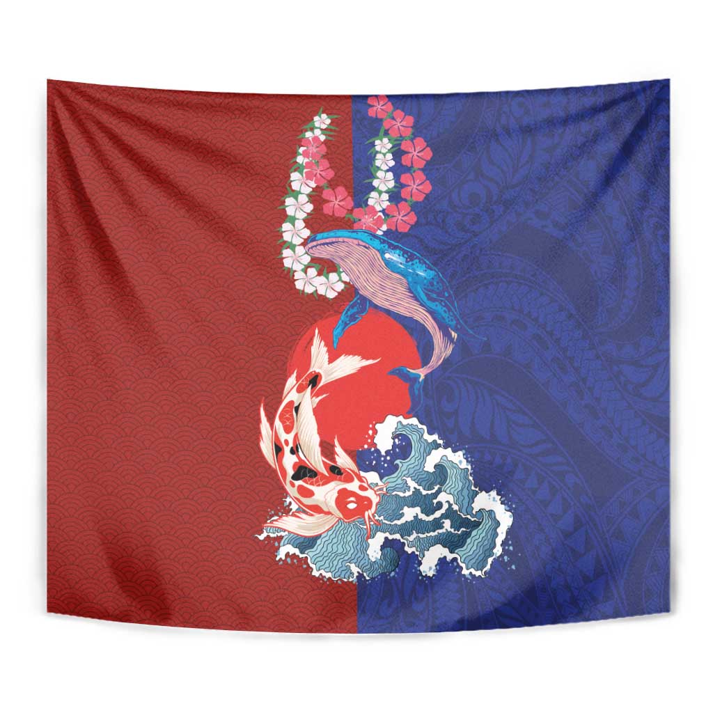 Hawaiian and Japanese Together Tapestry The Whale and Koi Fish with Hinomaru and Lei LT03 - Polynesian Pride