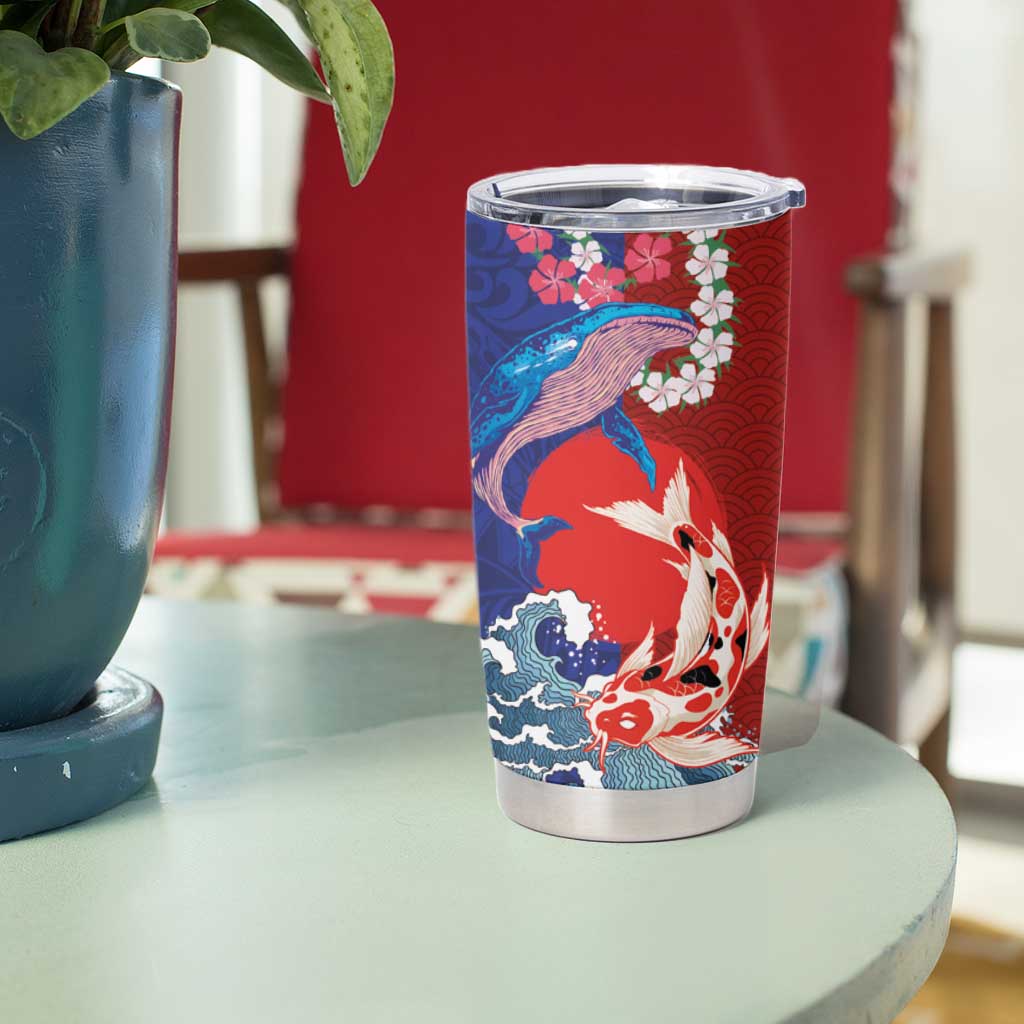 Hawaiian and Japanese Together Tumbler Cup The Whale and Koi Fish with Hinomaru and Lei LT03 - Polynesian Pride