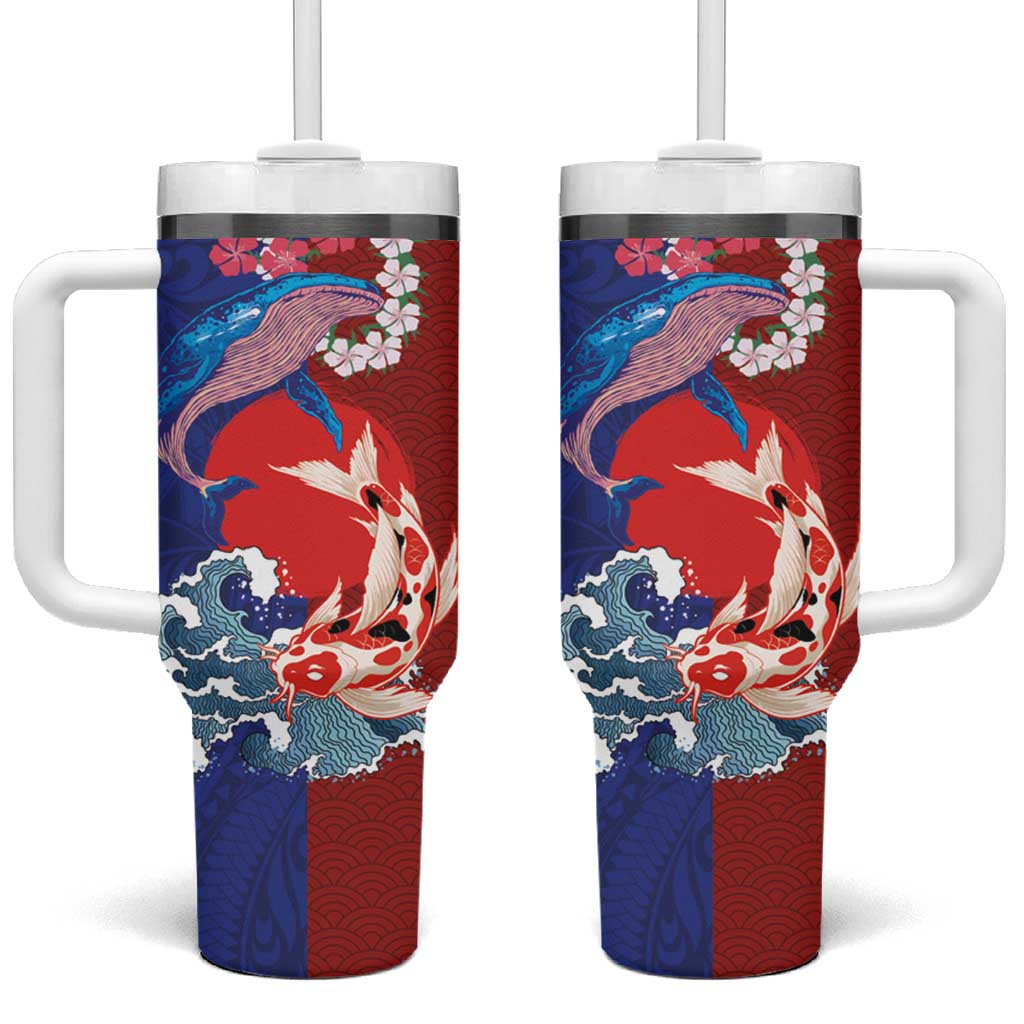 Hawaiian and Japanese Together Tumbler With Handle The Whale and Koi Fish with Hinomaru and Lei LT03 One Size: 40 oz Blue - Polynesian Pride