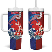 Hawaiian and Japanese Together Tumbler With Handle The Whale and Koi Fish with Hinomaru and Lei LT03 One Size: 40 oz Blue - Polynesian Pride