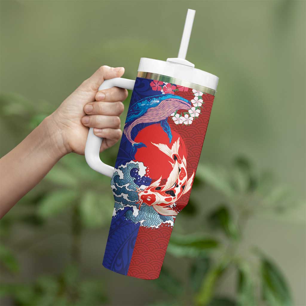 Hawaiian and Japanese Together Tumbler With Handle The Whale and Koi Fish with Hinomaru and Lei LT03 - Polynesian Pride