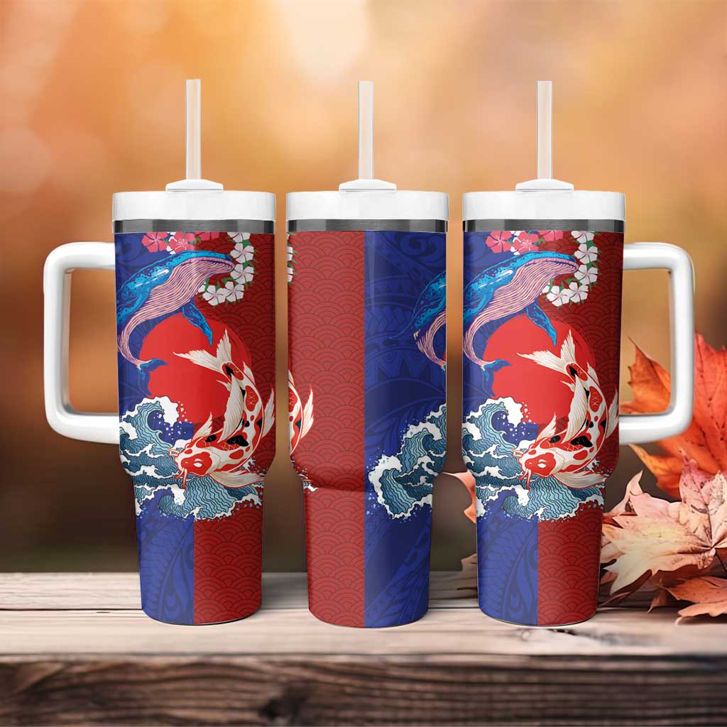 Hawaiian and Japanese Together Tumbler With Handle The Whale and Koi Fish with Hinomaru and Lei LT03 - Polynesian Pride