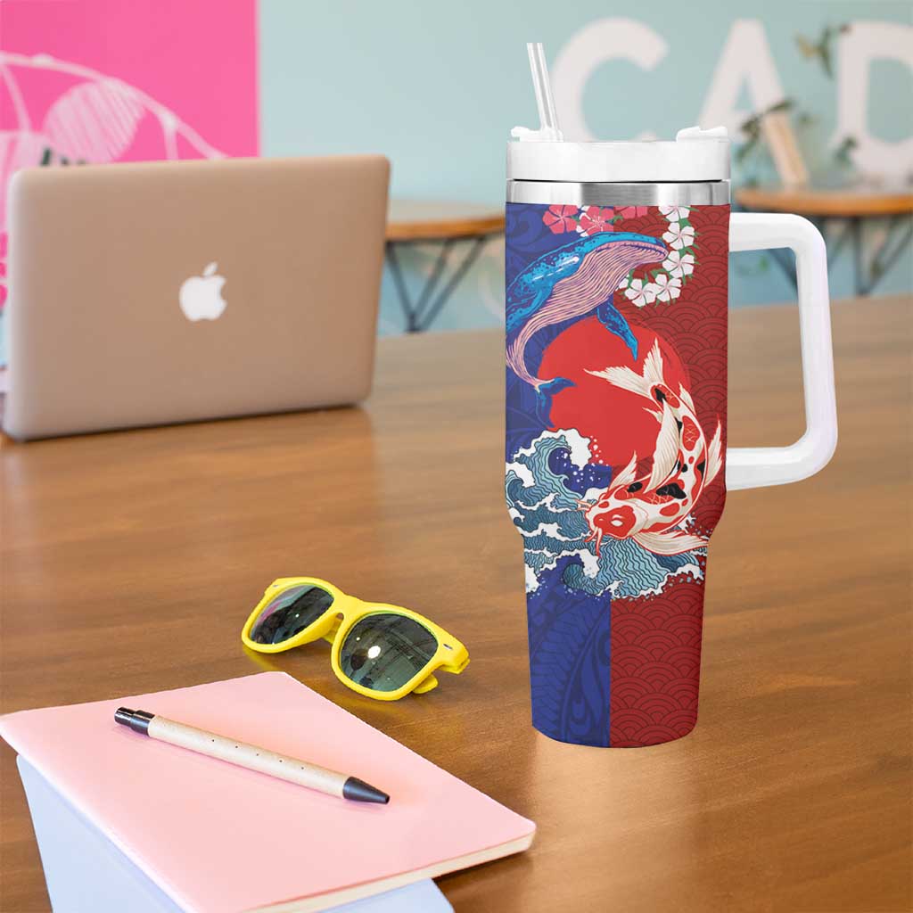 Hawaiian and Japanese Together Tumbler With Handle The Whale and Koi Fish with Hinomaru and Lei LT03 - Polynesian Pride