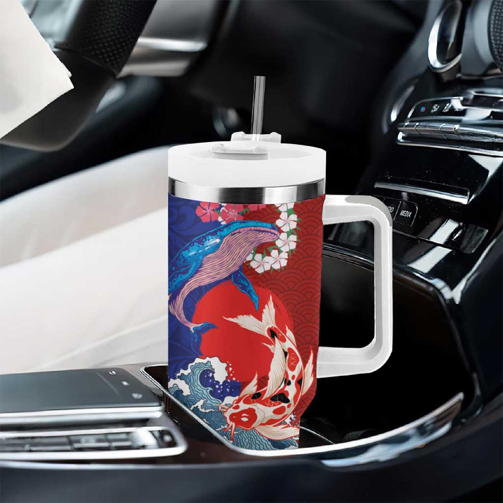 Hawaiian and Japanese Together Tumbler With Handle The Whale and Koi Fish with Hinomaru and Lei LT03 - Polynesian Pride