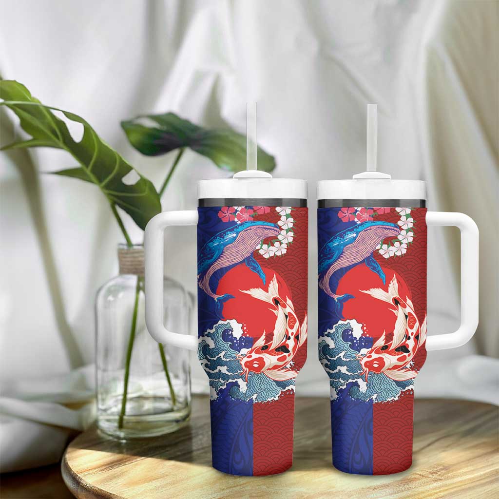 Hawaiian and Japanese Together Tumbler With Handle The Whale and Koi Fish with Hinomaru and Lei LT03 - Polynesian Pride
