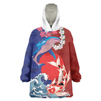 Hawaiian and Japanese Together Wearable Blanket Hoodie The Whale and Koi Fish with Hinomaru and Lei LT03 One Size Blue - Polynesian Pride