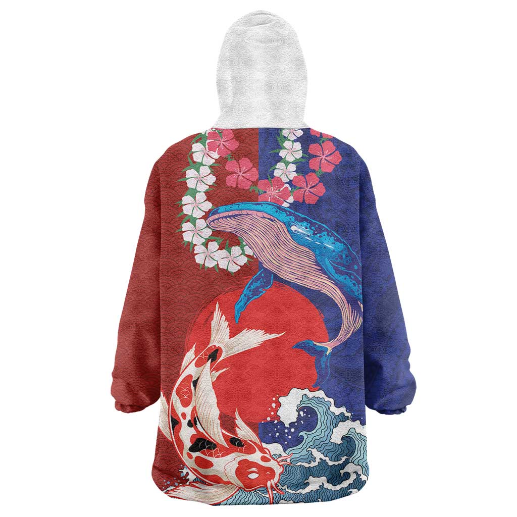 Hawaiian and Japanese Together Wearable Blanket Hoodie The Whale and Koi Fish with Hinomaru and Lei LT03 - Polynesian Pride