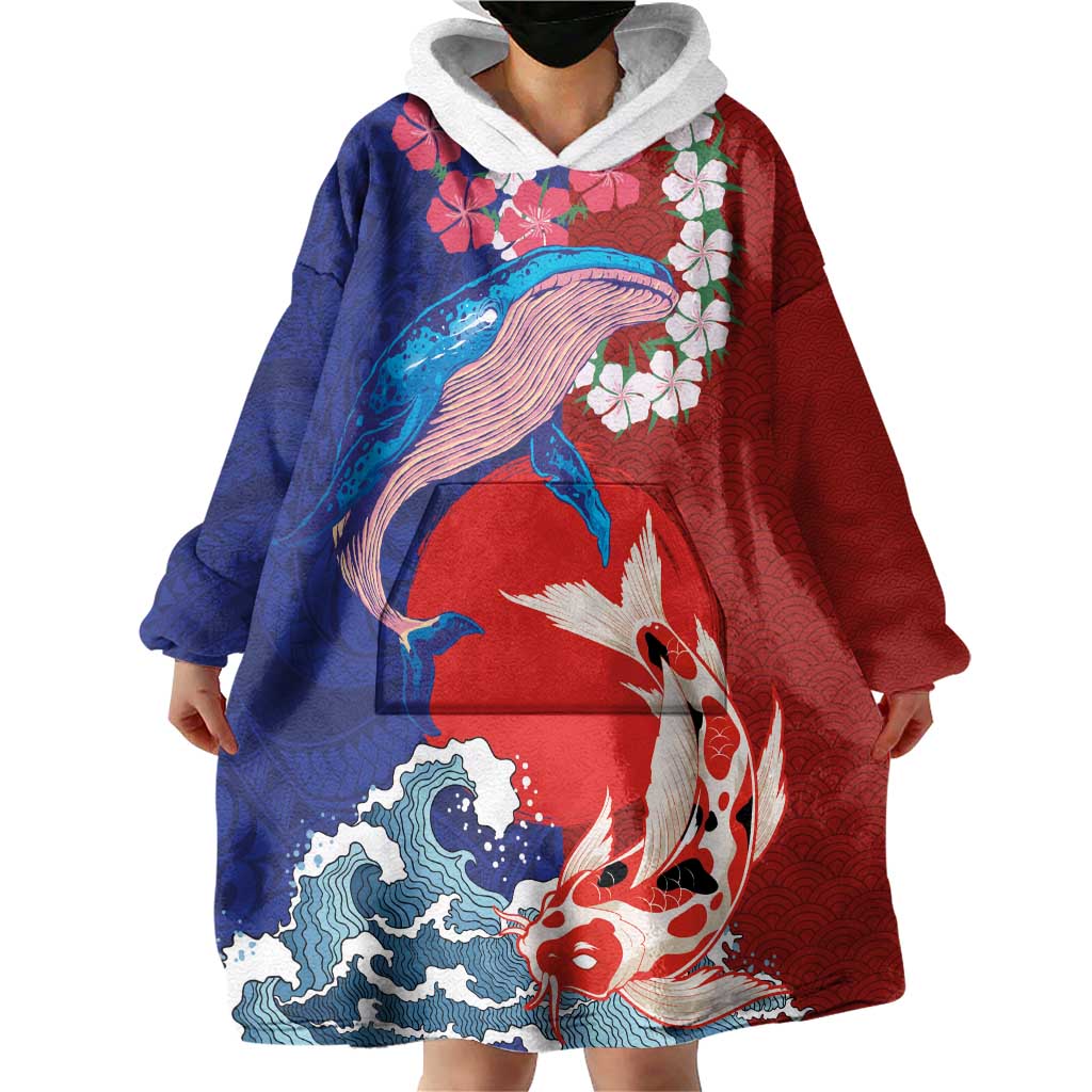 Hawaiian and Japanese Together Wearable Blanket Hoodie The Whale and Koi Fish with Hinomaru and Lei LT03 - Polynesian Pride