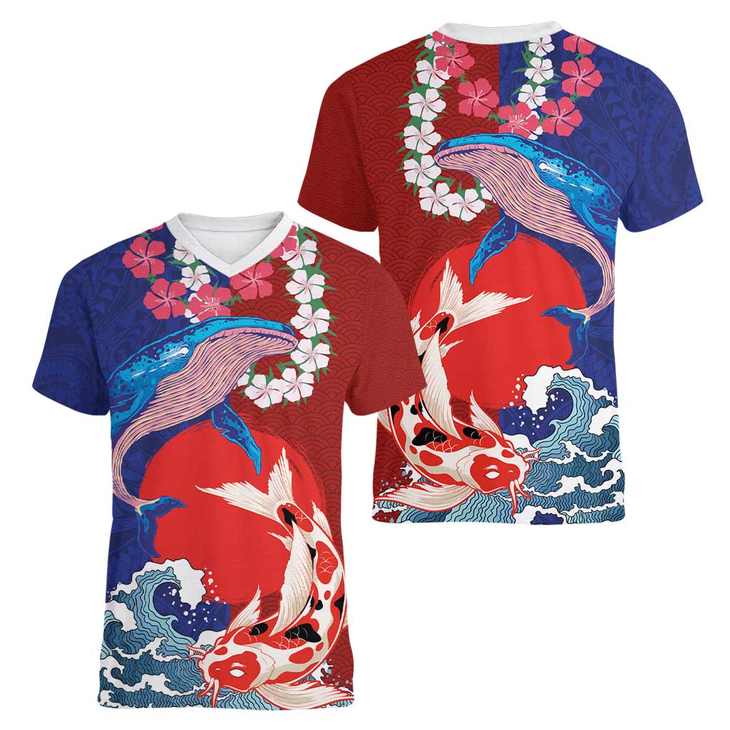 Hawaiian and Japanese Together Women V-Neck T-Shirt The Whale and Koi Fish with Hinomaru and Lei LT03 - Polynesian Pride