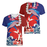 Hawaiian and Japanese Together Women V-Neck T-Shirt The Whale and Koi Fish with Hinomaru and Lei LT03 - Polynesian Pride