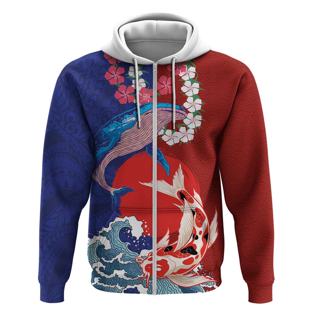 Hawaiian and Japanese Together Zip Hoodie The Whale and Koi Fish with Hinomaru and Lei LT03 Zip Hoodie Blue - Polynesian Pride