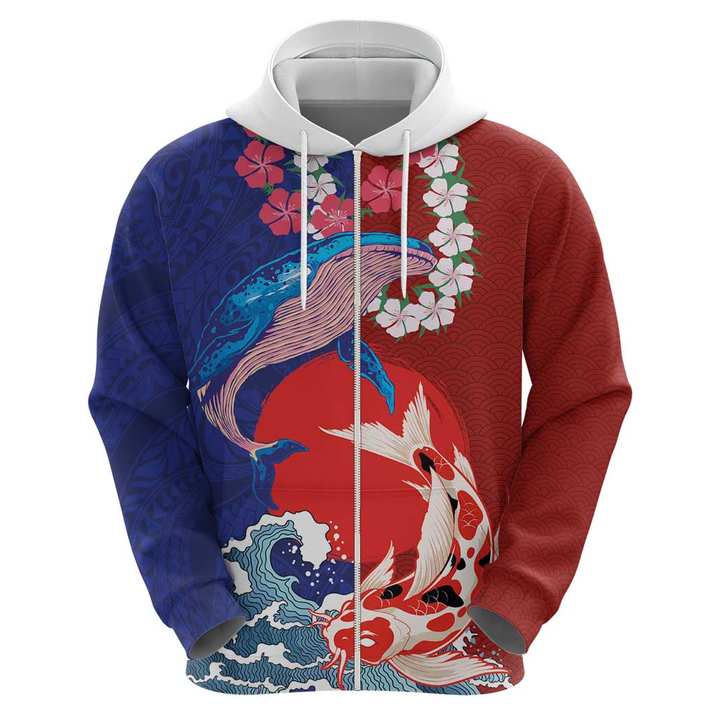 Hawaiian and Japanese Together Zip Hoodie The Whale and Koi Fish with Hinomaru and Lei LT03 - Polynesian Pride