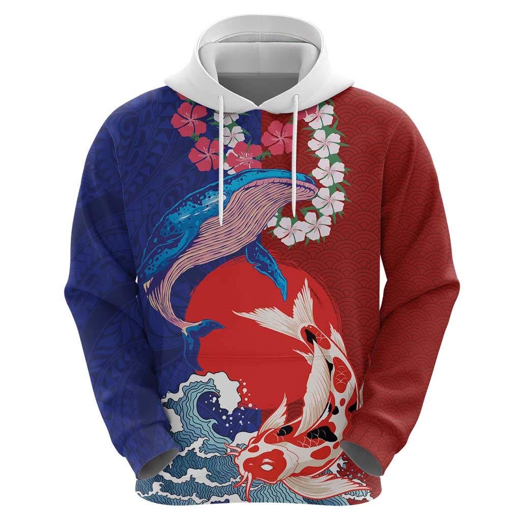 Hawaiian and Japanese Together Zip Hoodie The Whale and Koi Fish with Hinomaru and Lei LT03 - Polynesian Pride
