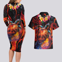 Hawaiian Turtle with Volcanic Eruption Couples Matching Long Sleeve Bodycon Dress and Hawaiian Shirt Hibiscus Lei and Lava Flow an Abstract Texture