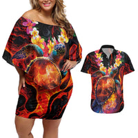 Hawaiian Turtle with Volcanic Eruption Couples Matching Off Shoulder Short Dress and Hawaiian Shirt Hibiscus Lei and Lava Flow an Abstract Texture