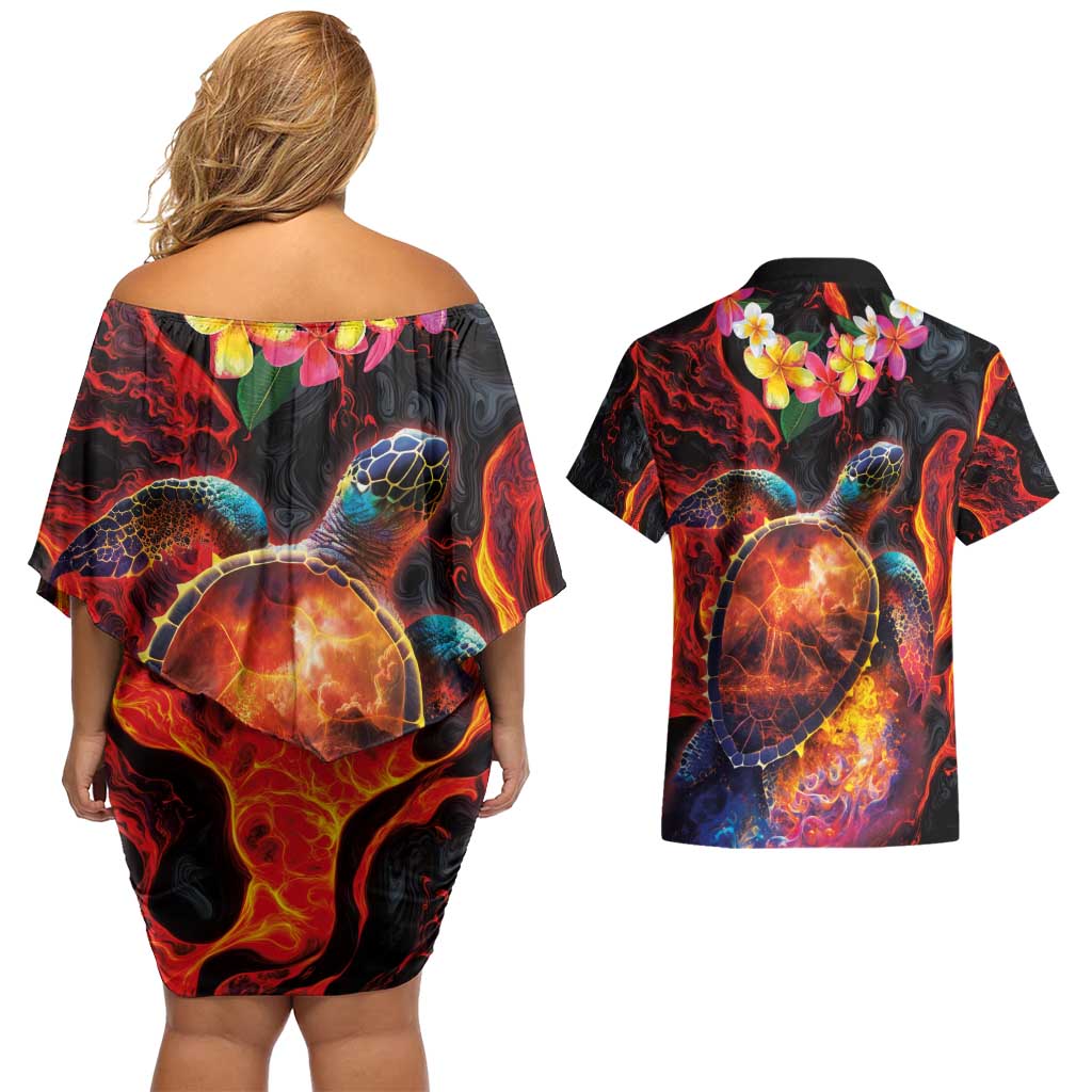 Hawaiian Turtle with Volcanic Eruption Couples Matching Off Shoulder Short Dress and Hawaiian Shirt Hibiscus Lei and Lava Flow an Abstract Texture